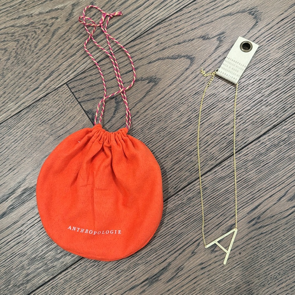 Anthropologie Gold 'A' Necklace with Orange Pouch